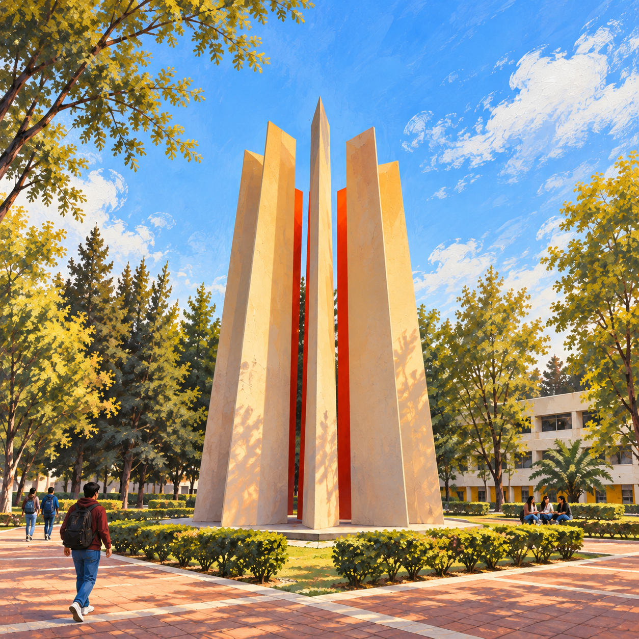 Ilustración cuadrada de Las Torres de FES Aragón con jardines y un estudiante caminando.