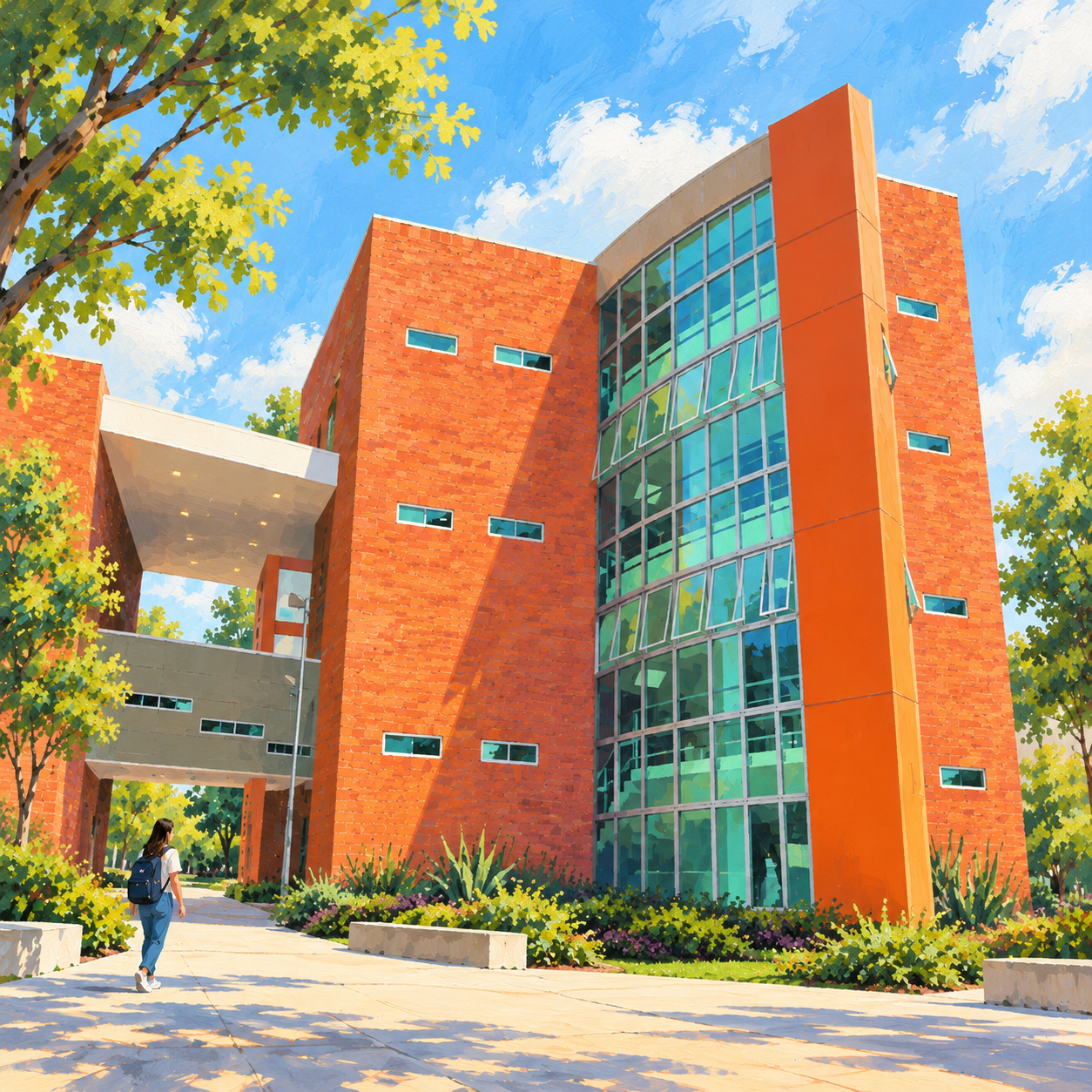 Ilustración cuadrada del campus CUCSH Belenes con ladrillo naranja, cristal verdoso y una estudiante en el paseo.