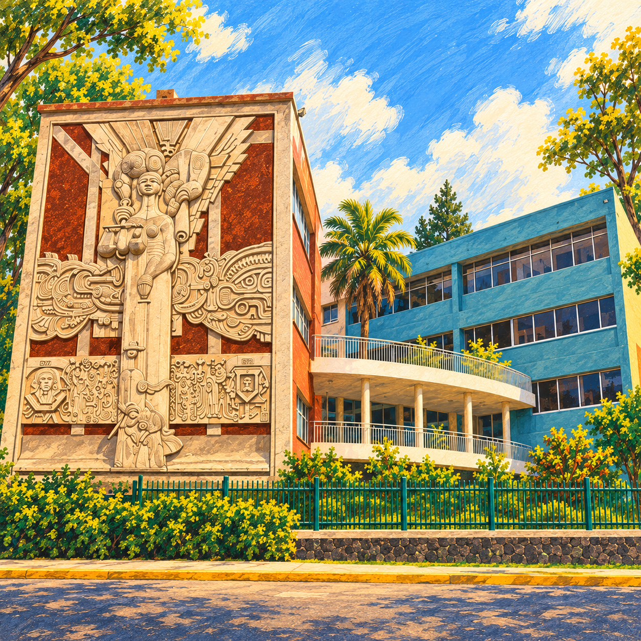 Ilustración cuadrada de un mural exterior en relieve junto a una fachada azul con balcones curvos, palmera y reja verde.