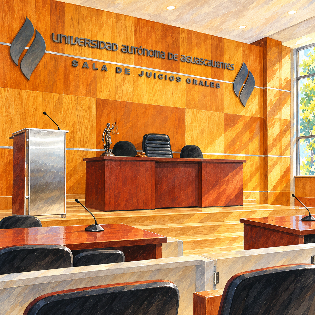 Ilustración en acuarela de la Sala de Juicios Orales de la UAA, con estrado y muro de madera.