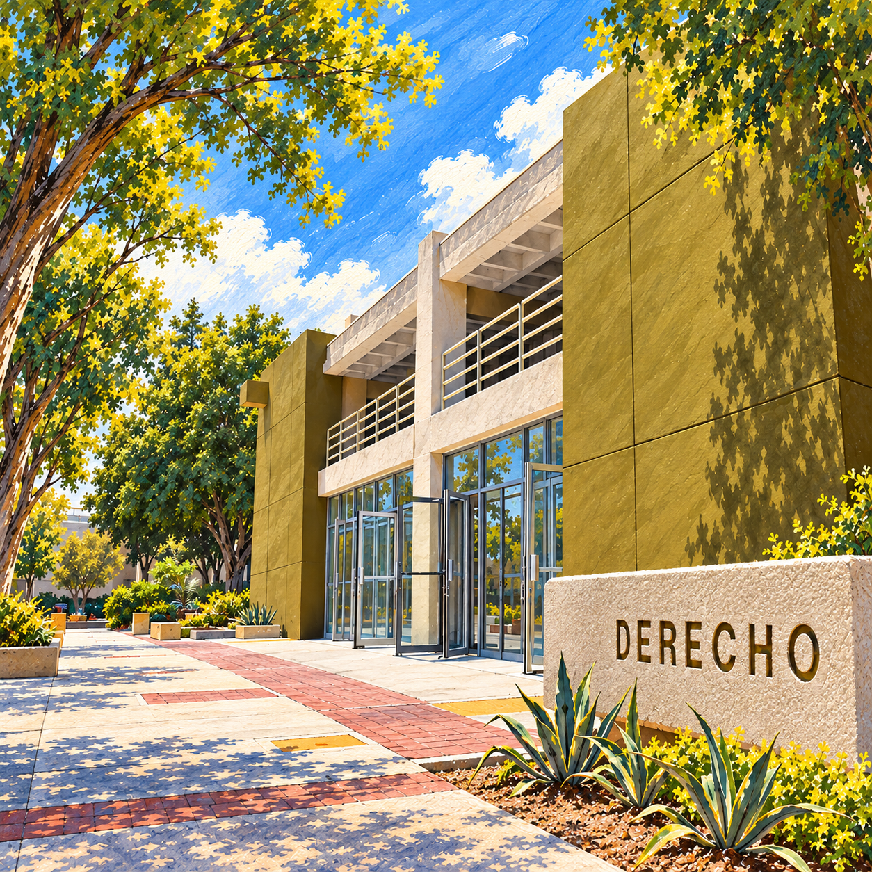 Ilustración en acuarela del acceso de Derecho UABC Mexicali, con muro verde, puertas de vidrio y letrero Derecho.