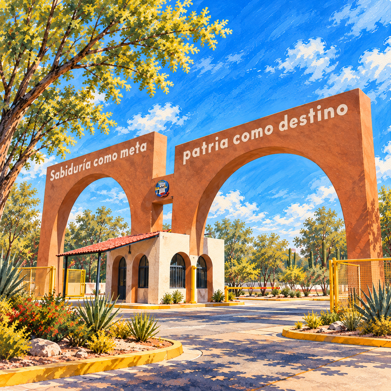 Ilustración en acuarela de los dos arcos de entrada del Campus La Paz de la UABCS.