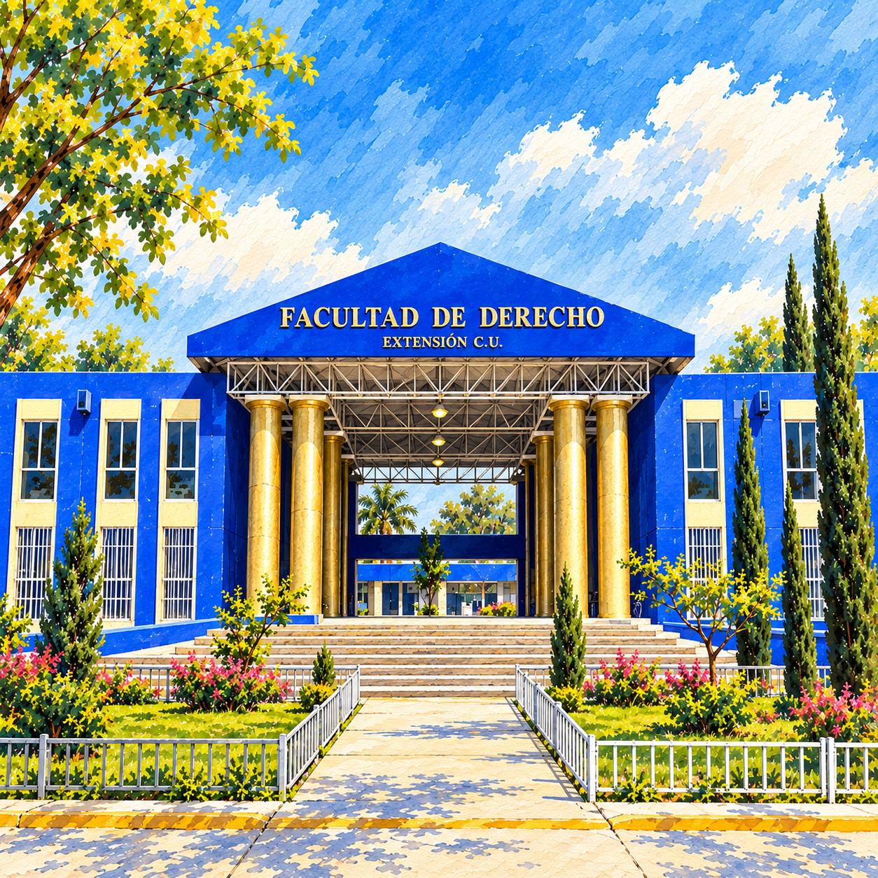 Ilustración en acuarela de Fachada azul con frontón y rótulo de Derecho C.U., UABJO.