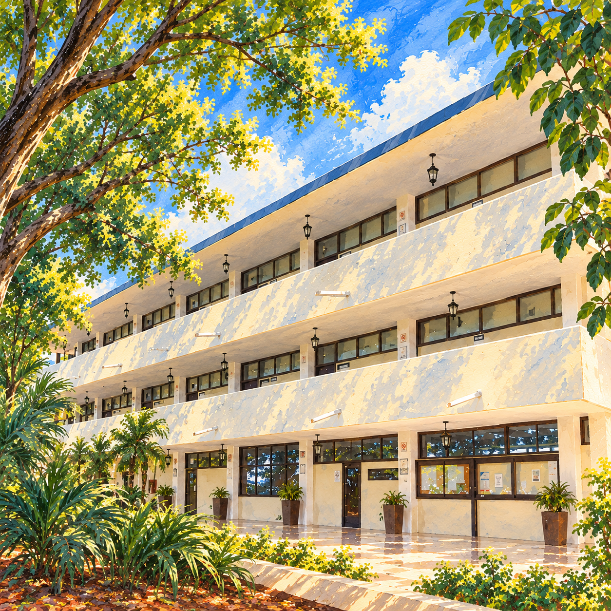 Ilustración en acuarela del edificio de Derecho UACAM, con tres niveles de corredores y jardín.