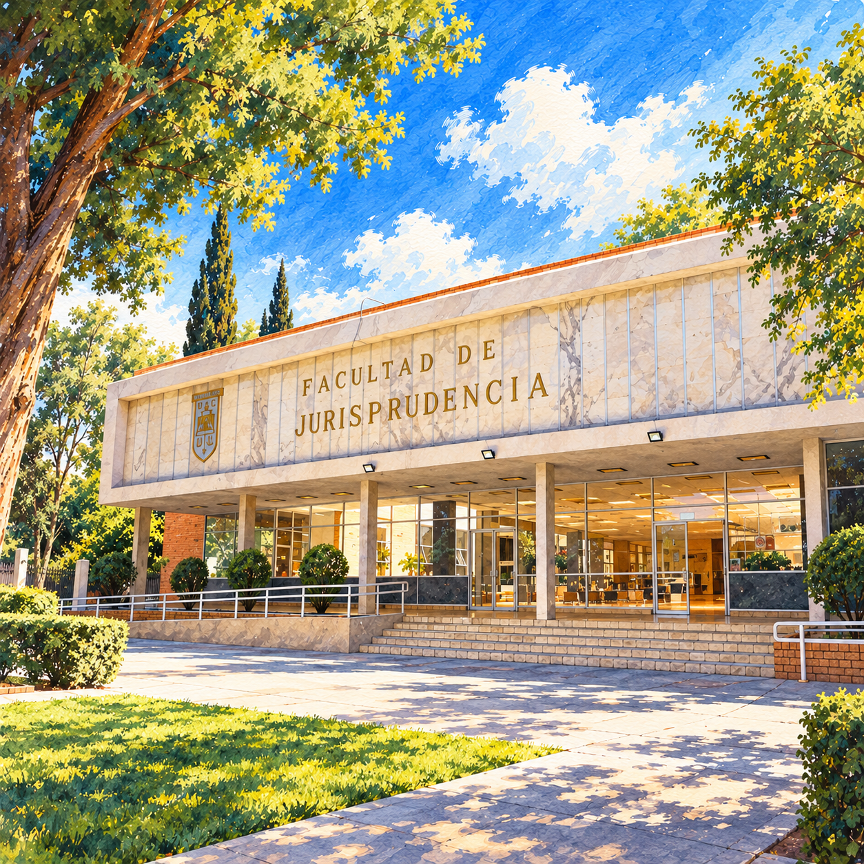 Ilustración en acuarela de la fachada de Jurisprudencia UAdeC Saltillo, con columnas y acceso de vidrio.