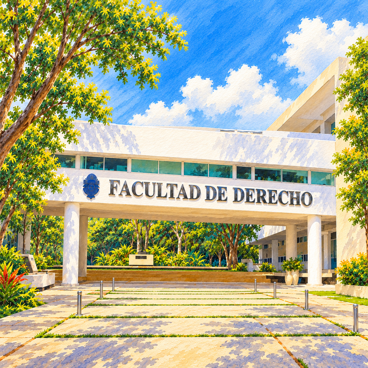 Ilustración en acuarela de Acceso blanco con letras metálicas Facultad de Derecho, UADY.