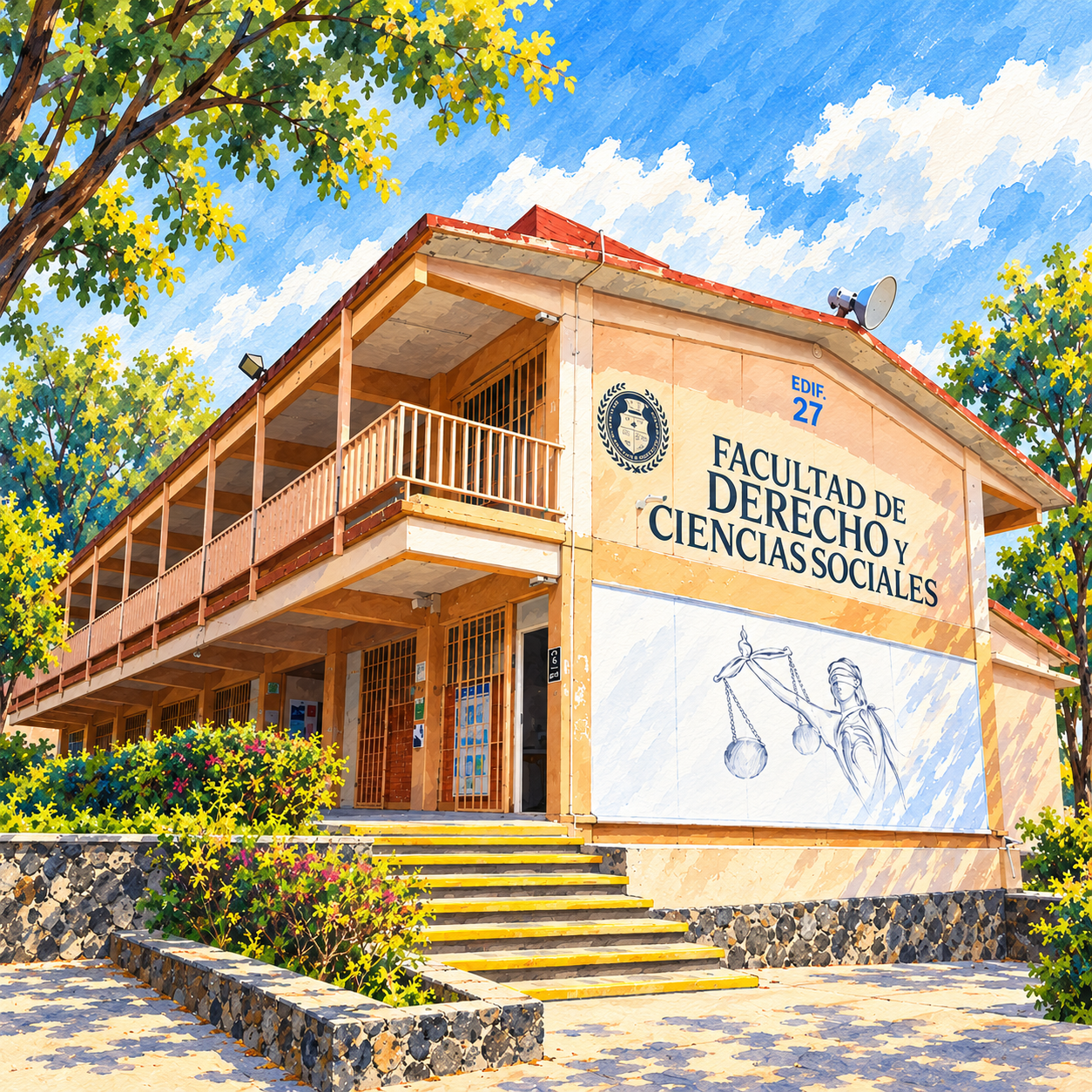 Ilustración en acuarela de Fachada del edificio 27 de la Facultad de Derecho y Ciencias Sociales, UAEM Morelos.