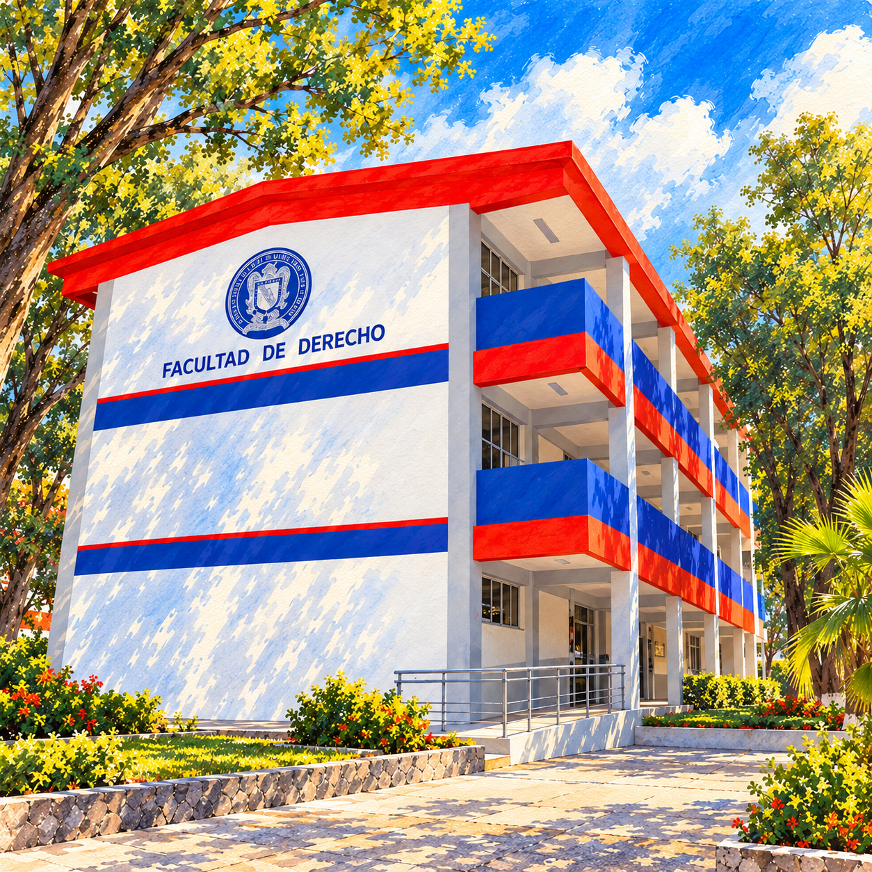 Ilustración en acuarela del edificio de Derecho UAGro Chilpancingo, de tres niveles con franjas azules y rojas.