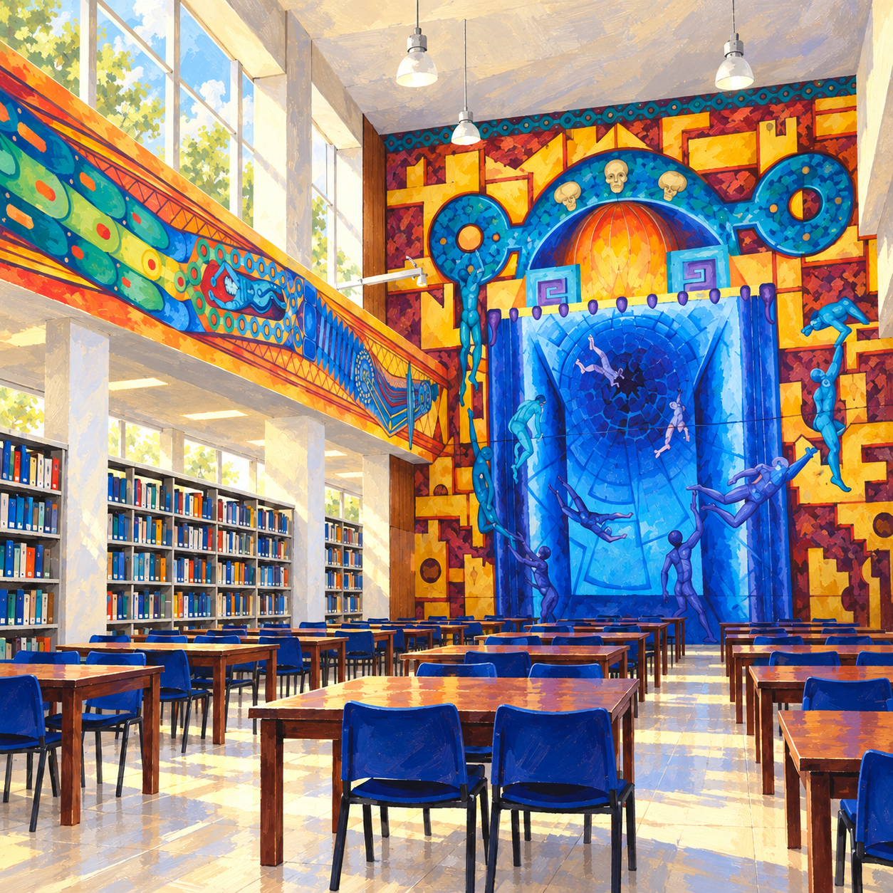 Ilustración cuadrada de biblioteca con gran mural azul, amarillo y rojo, estantes y mesas con sillas azules