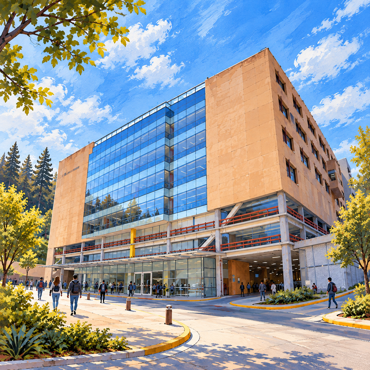 Ilustración cuadrada de la fachada de la UAM Cuajimalpa, con cristal azul, muros color arena y figuras de estudiantes en el acceso.