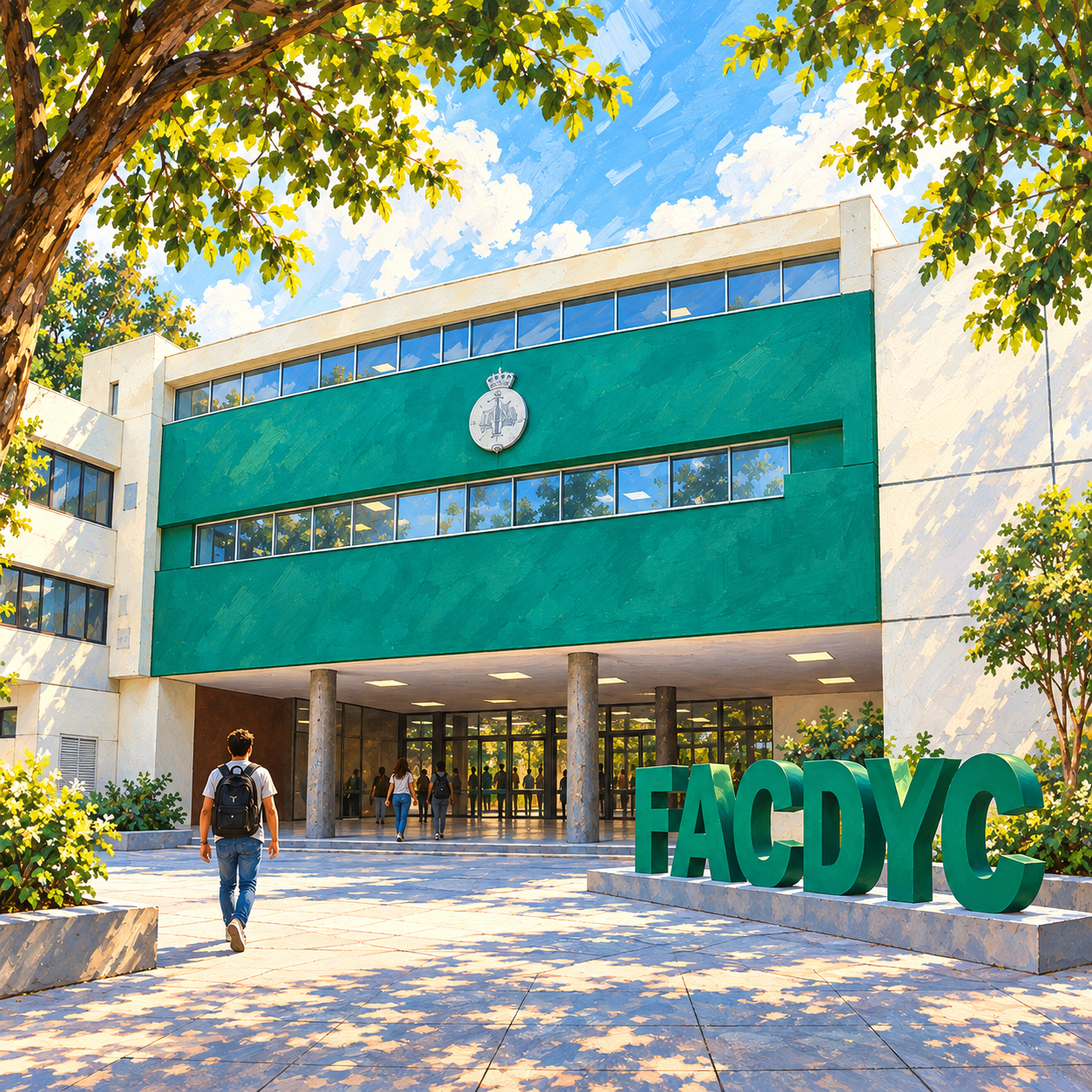 Ilustración cuadrada de la entrada verde y blanca de FACDYC, con letras verdes y una persona con mochila caminando hacia el edificio.