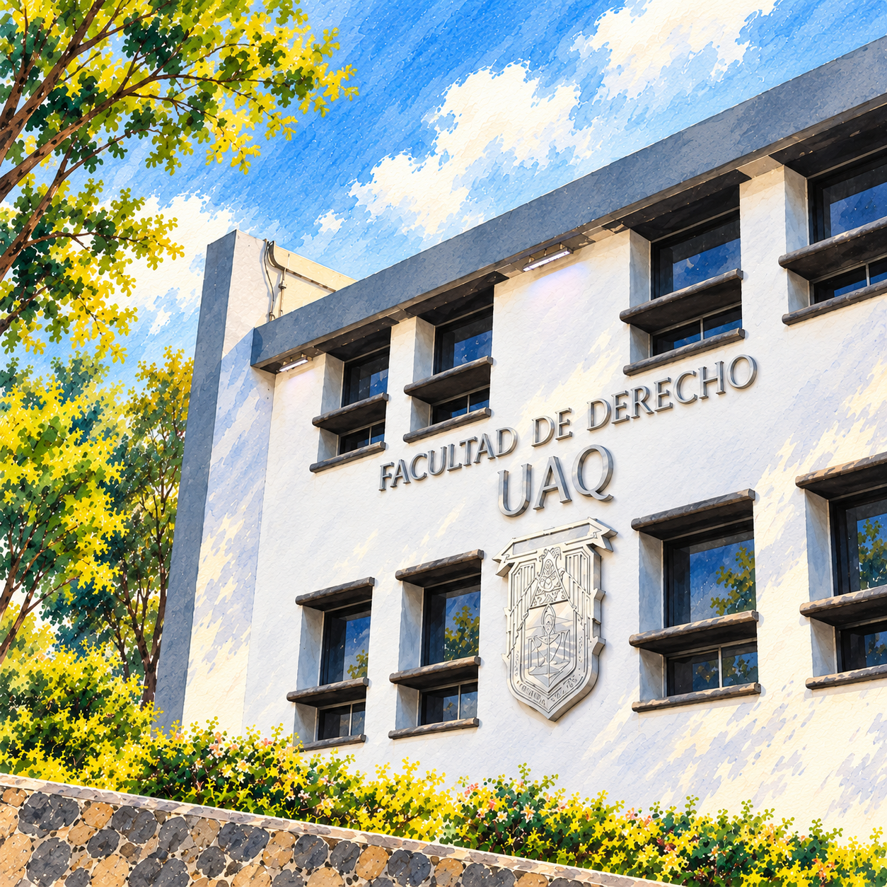 Ilustración en acuarela de Fachada blanca rotulada Facultad de Derecho UAQ, con escudo en relieve, UAQ.