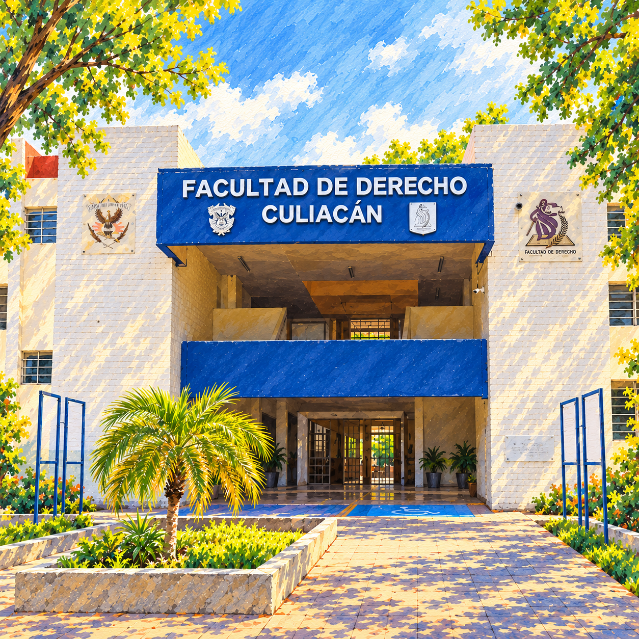Ilustración en acuarela de Acceso azul rotulado Facultad de Derecho Culiacán, UAS.