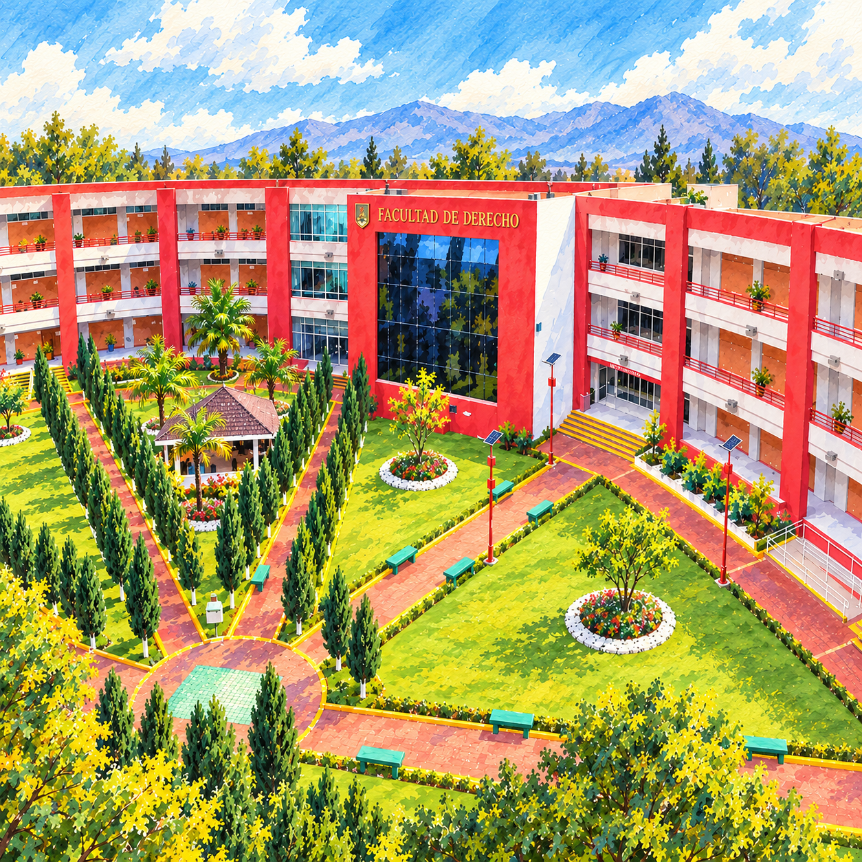 Ilustración en acuarela de Patio ajardinado y fachada roja y blanca de la Facultad, UATx.