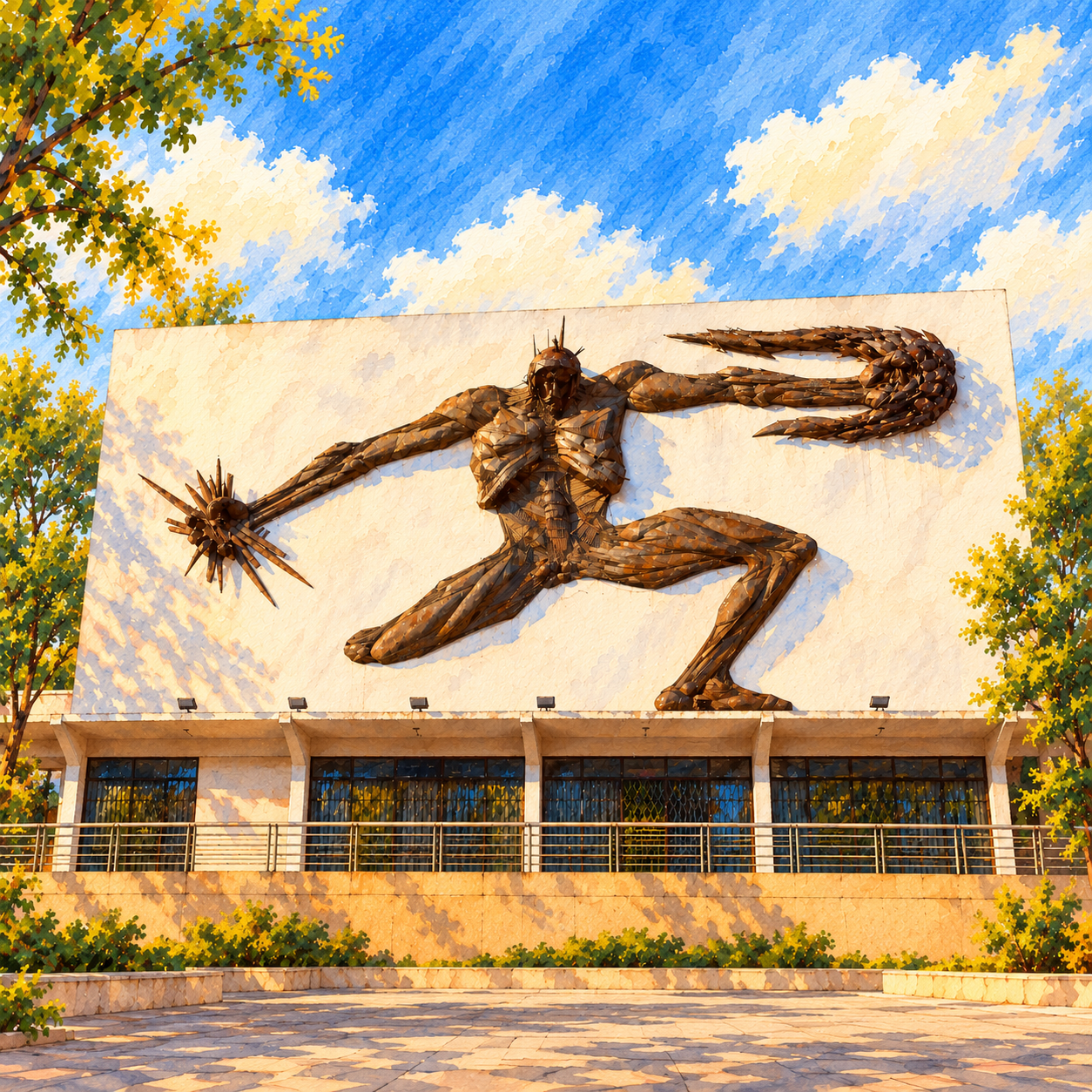 Ilustración en acuarela de Fachada con escultura El Prometeo de Ismael Guardado, UAZ.