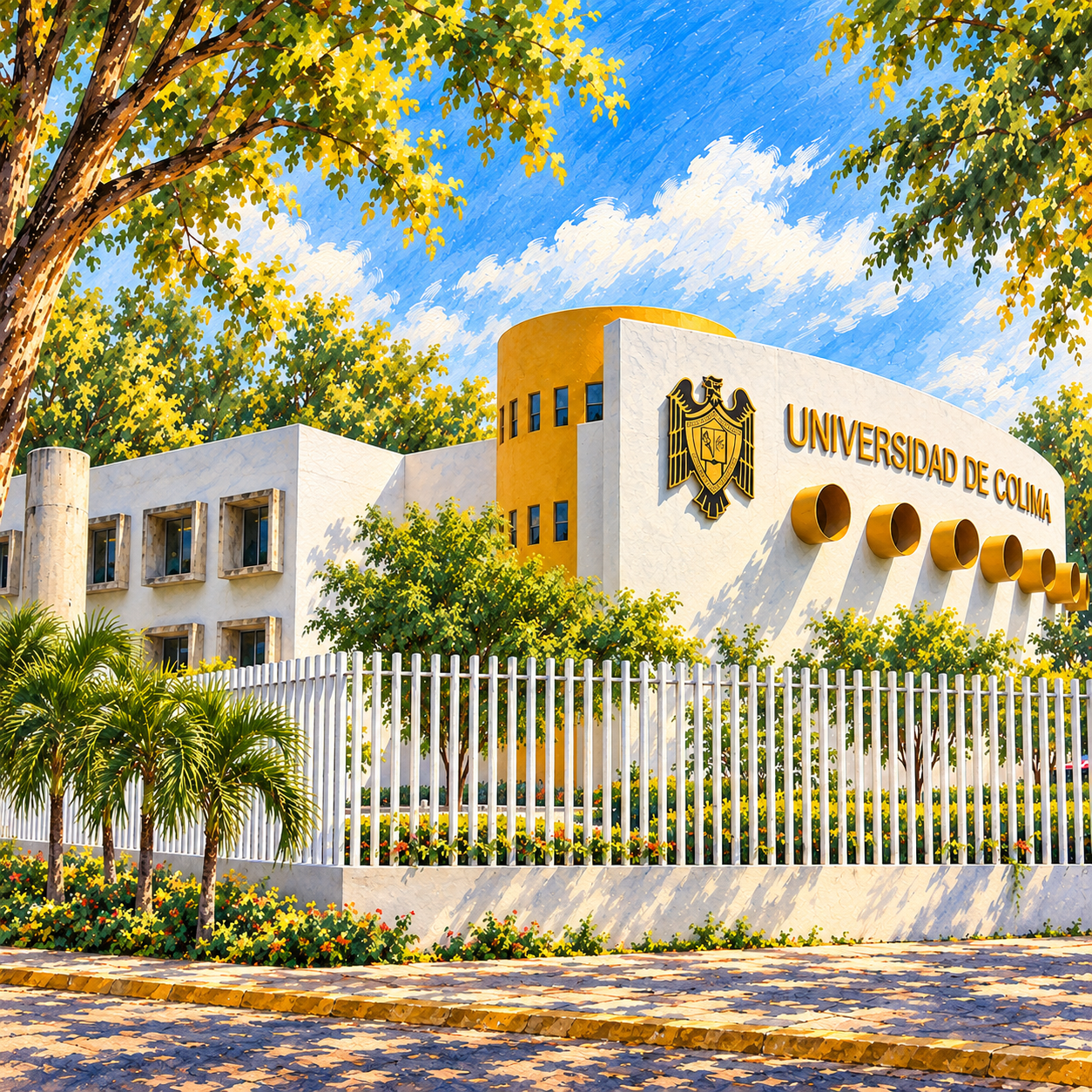 Ilustración en acuarela de Derecho Universidad de Colima, con muro curvo blanco y cilindros amarillos.