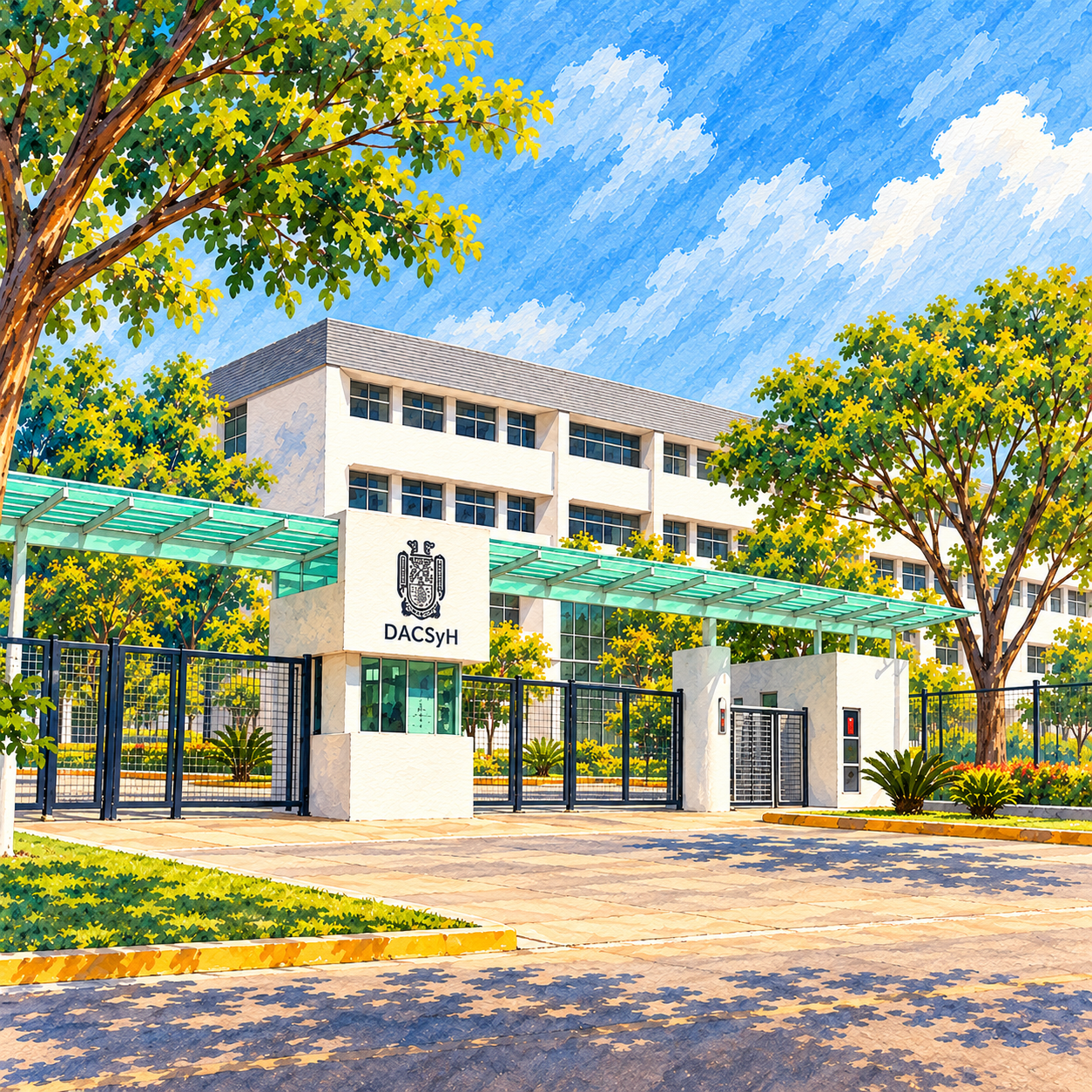 Ilustración en acuarela de Acceso principal rotulado de la DACSyH, Campus Bicentenario, UJAT.