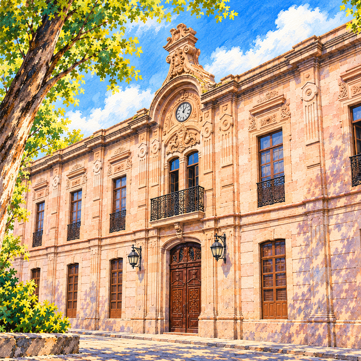 Ilustración en acuarela de la fachada de Derecho UMSNH Morelia, con puerta de madera, balcón y reloj.