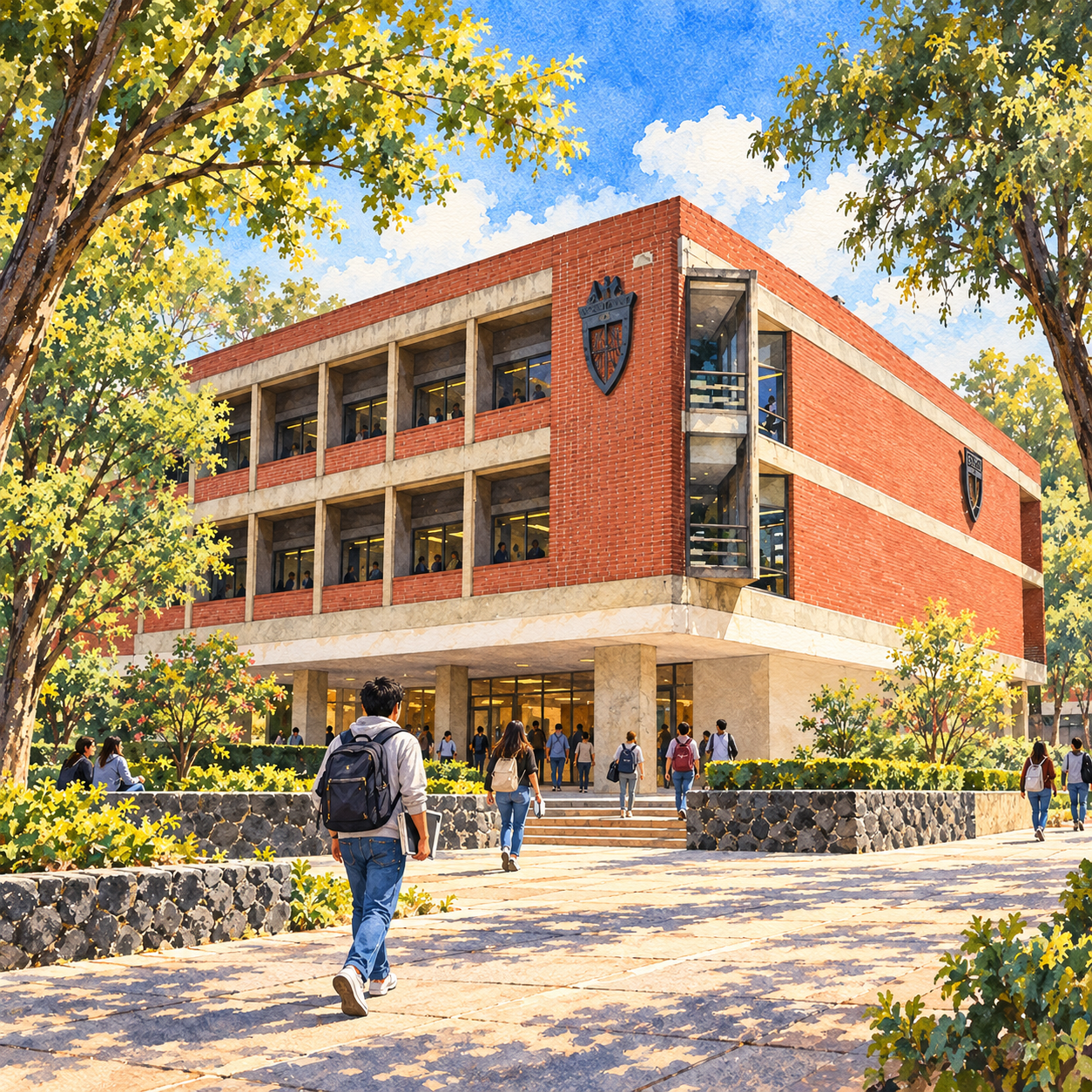 Ilustración de la Facultad de Derecho UNAM en CU, con fachada de ladrillo, emblema y un estudiante caminando hacia la entrada