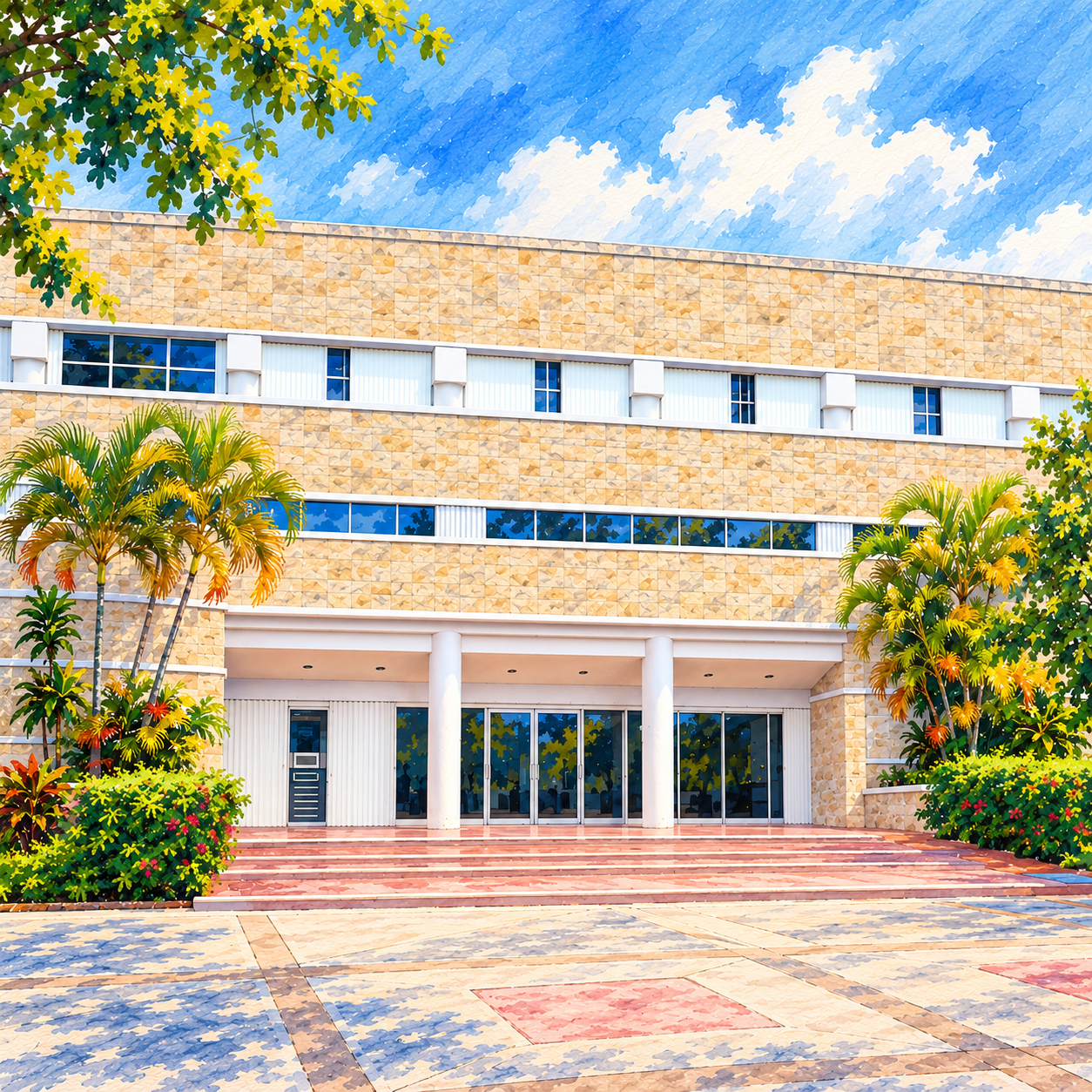 Ilustración en acuarela de Biblioteca Santiago Pacheco Cruz: referencia compartida del campus, UQROO.