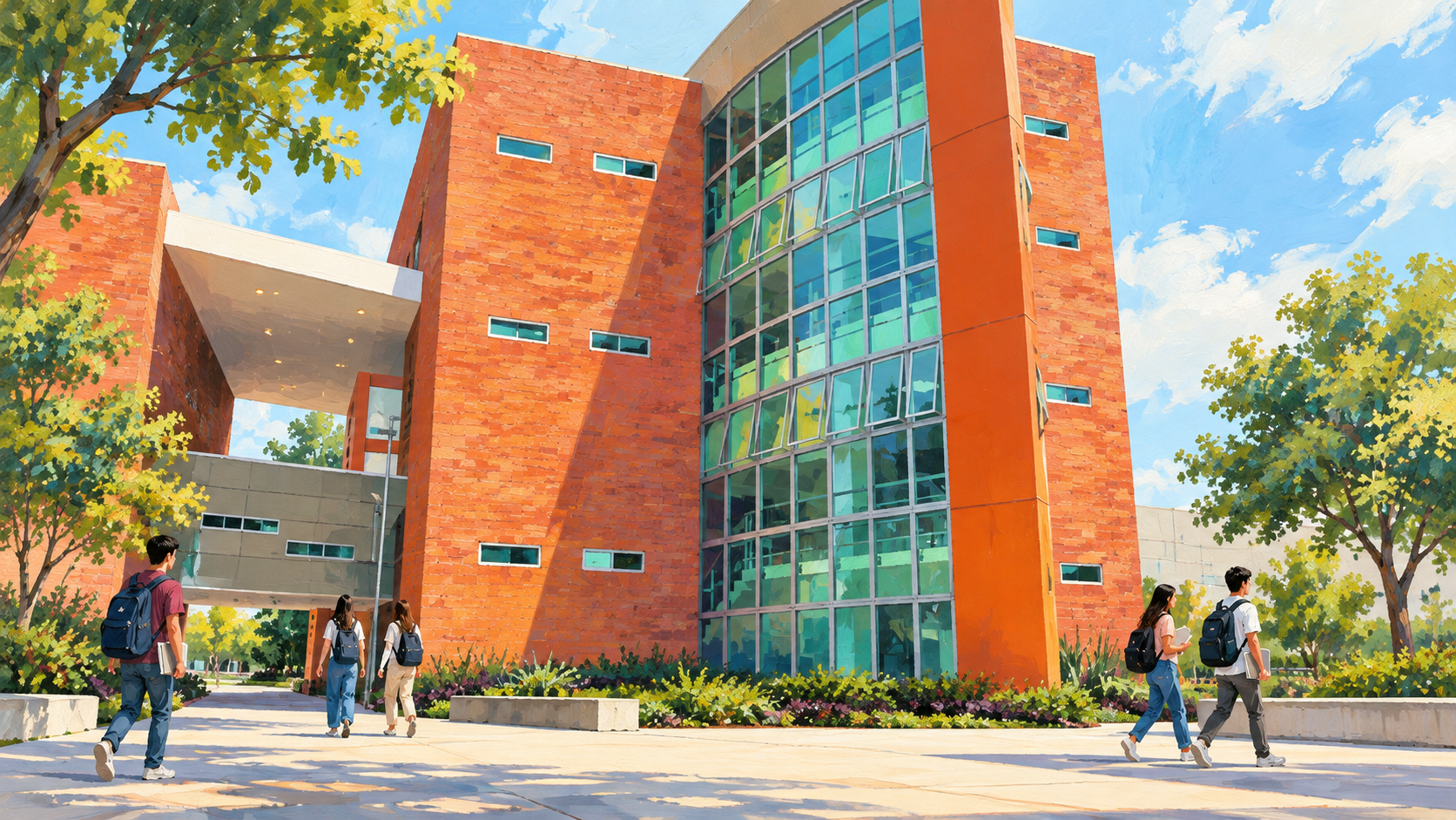 Ilustración del campus CUCSH Belenes con fachada de ladrillo naranja, cristal verdoso y estudiantes en el paseo.