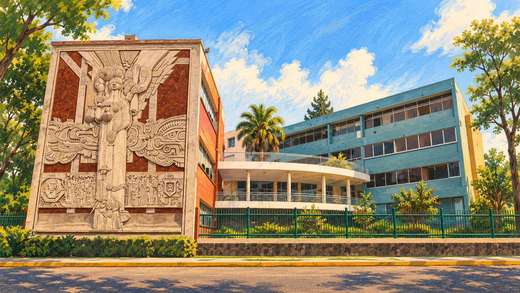Ilustración de una fachada con mural exterior en relieve, edificio azul, balcones curvos y reja verde entre árboles.