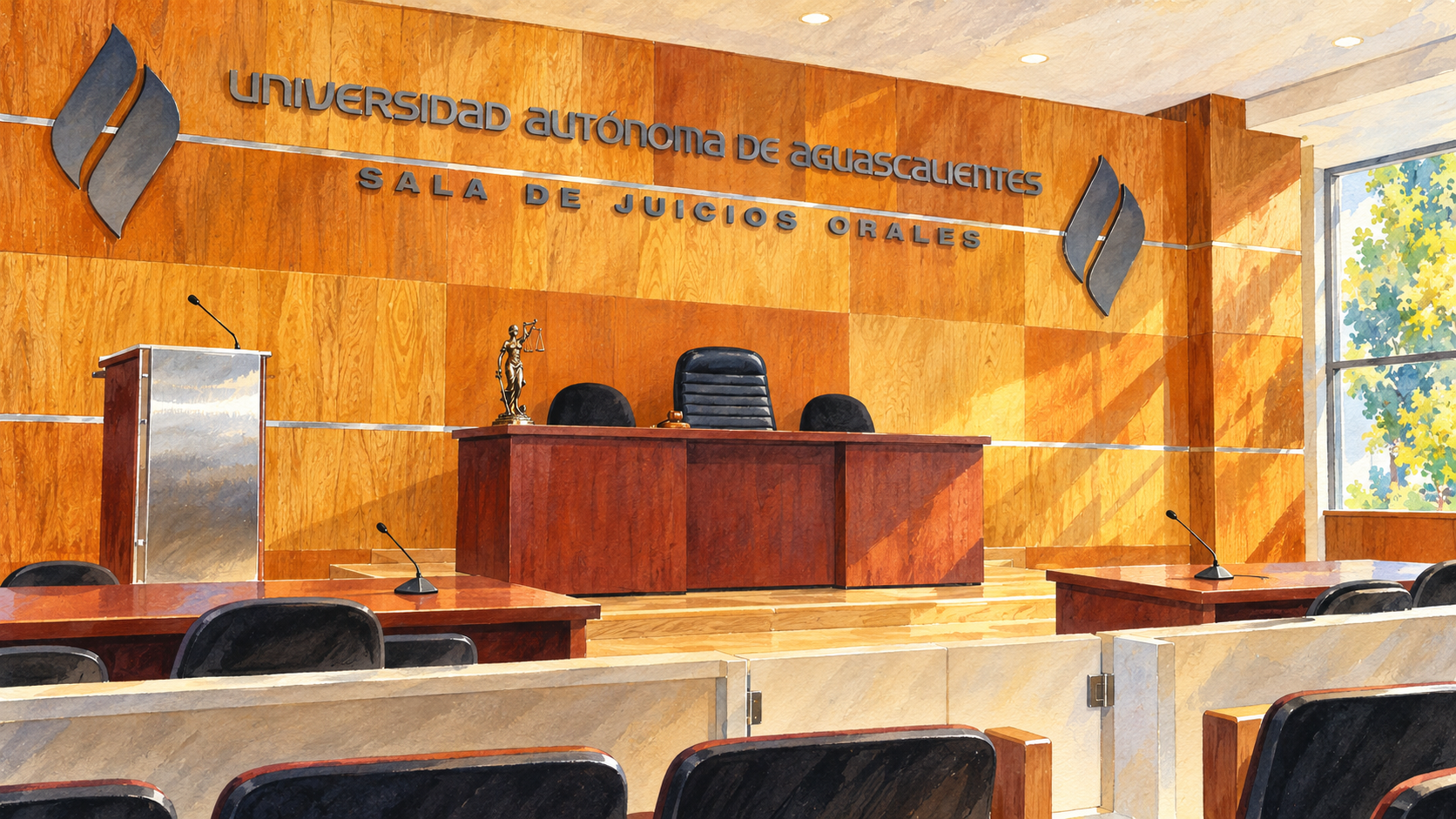 Ilustración en acuarela de la Sala de Juicios Orales de la UAA, con estrado y muro revestido de madera.