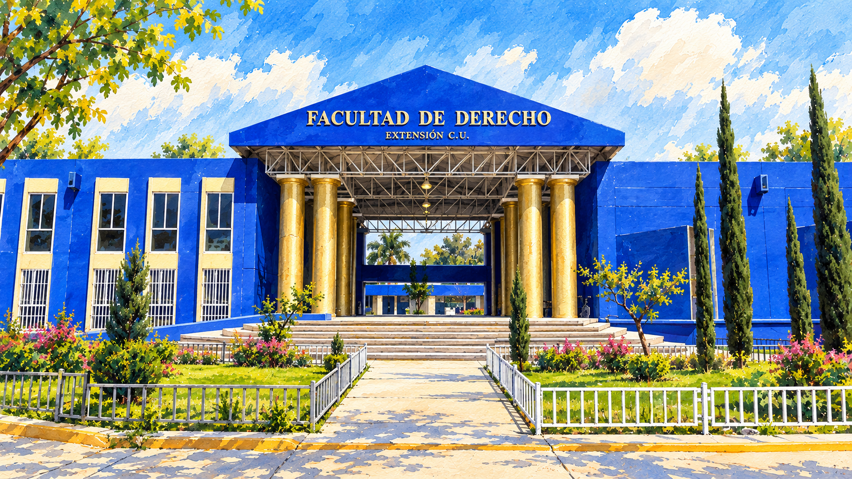 Ilustración en acuarela de Fachada azul con frontón y rótulo de Derecho C.U., UABJO.