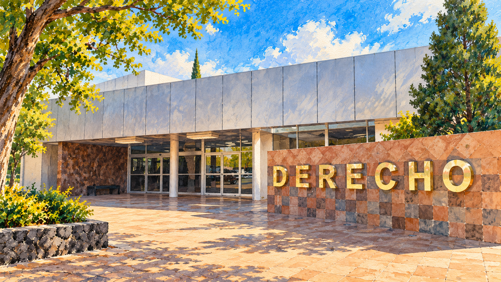Ilustración en acuarela de UACH Facultad de Derecho Chihuahua Campus I, building photographed for the postgraduate area.