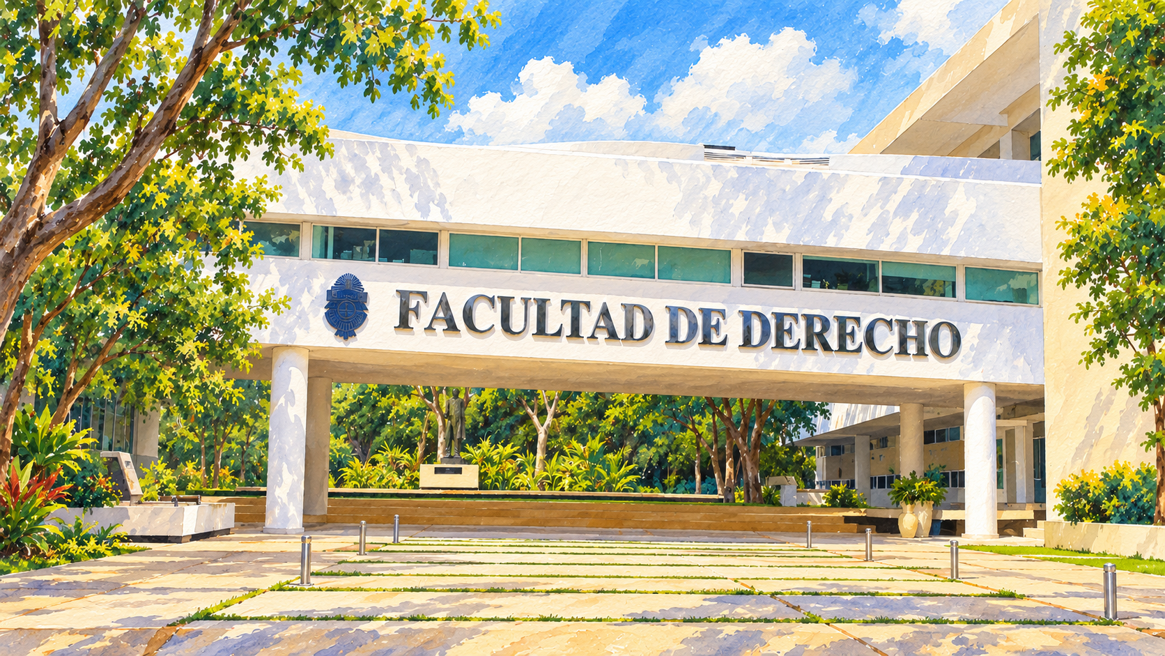 Ilustración en acuarela de Acceso blanco con letras metálicas Facultad de Derecho, UADY.