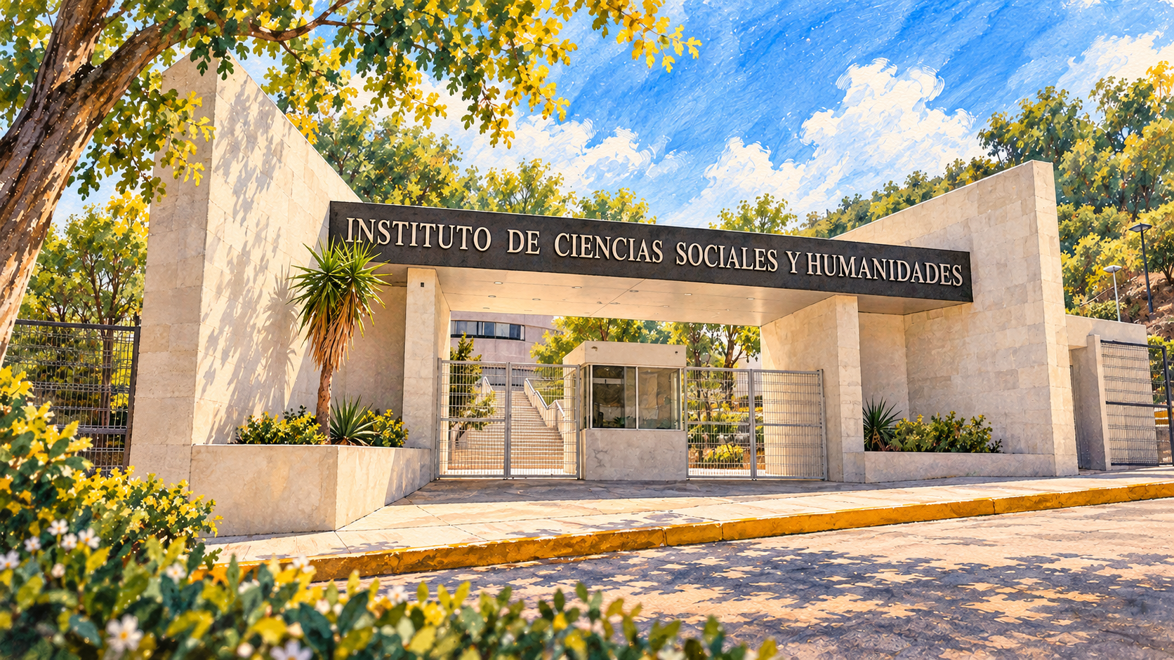 Ilustración en acuarela de UAEH Instituto de Ciencias Sociales y Humanidades ICSHu Pachuca shared institute entrance.