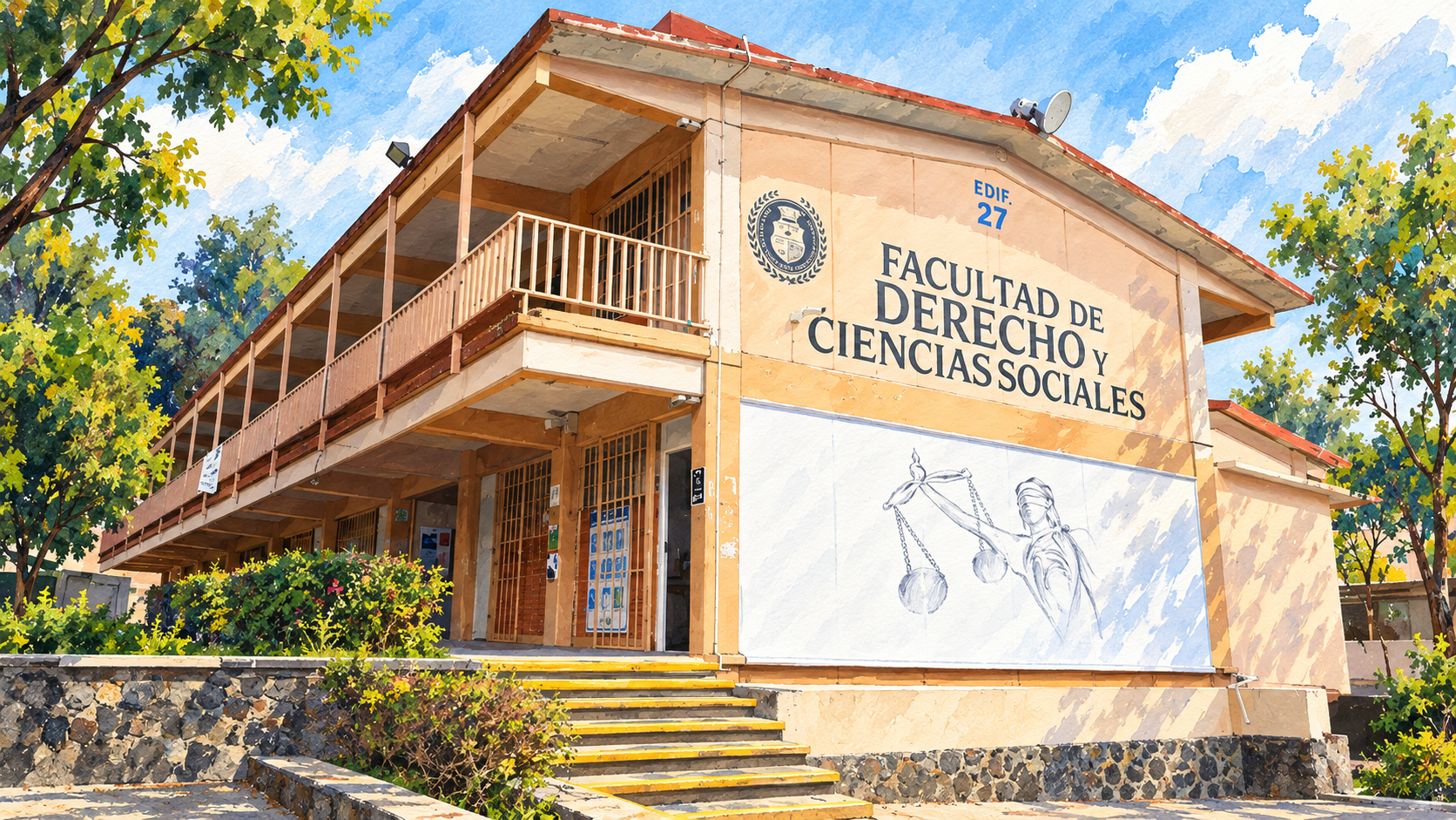 Ilustración en acuarela de Fachada del edificio 27 de la Facultad de Derecho y Ciencias Sociales, UAEM Morelos.