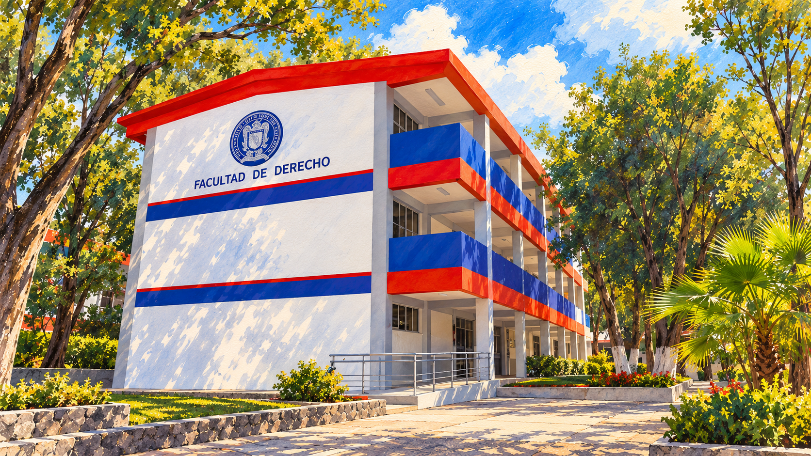 Ilustración en acuarela de UAGro Facultad de Derecho Chilpancingo, new three-level building.