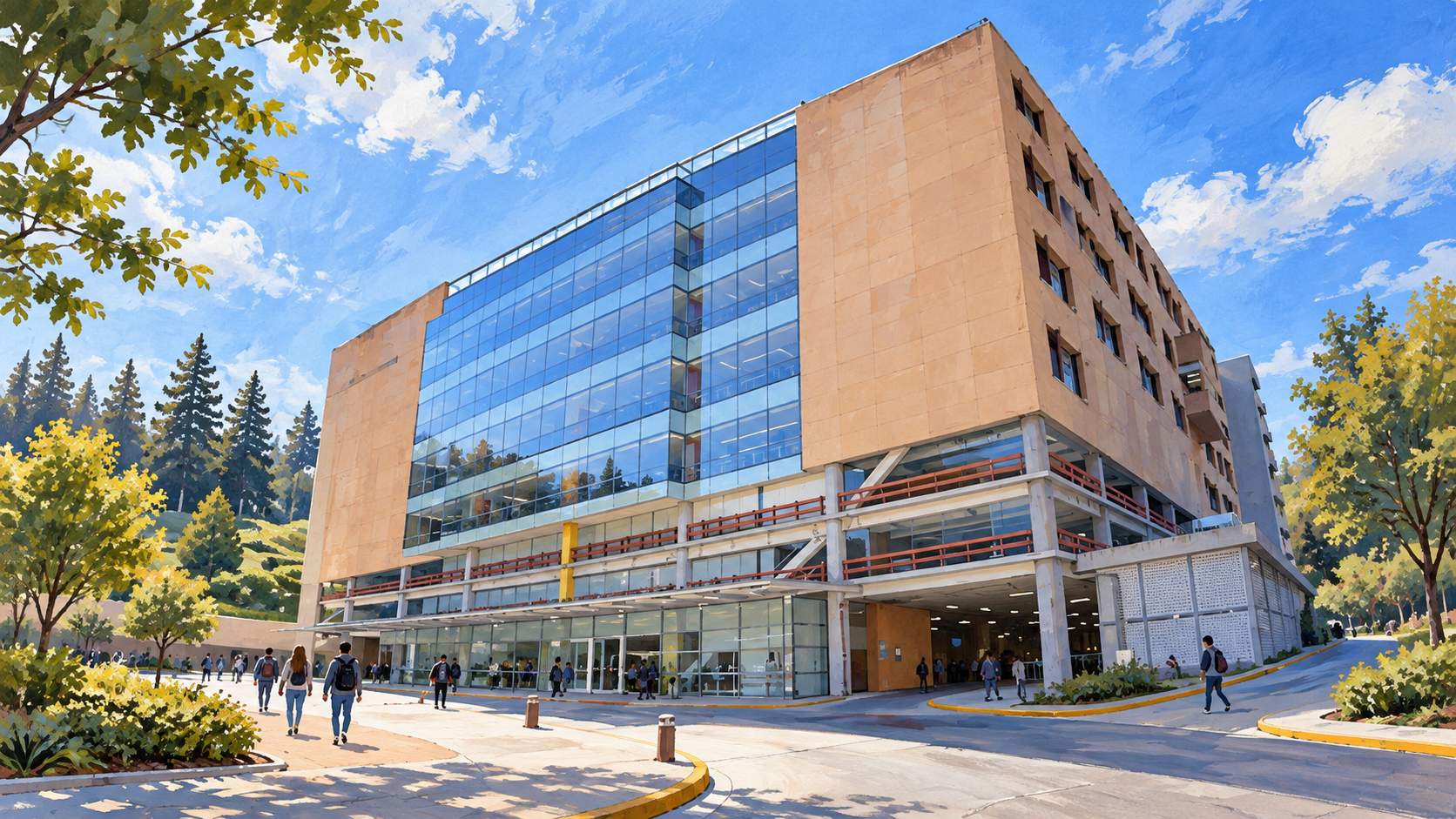 Ilustración de la fachada de la UAM Cuajimalpa, con vidrio azul, volúmenes color arena y estudiantes en el acceso.