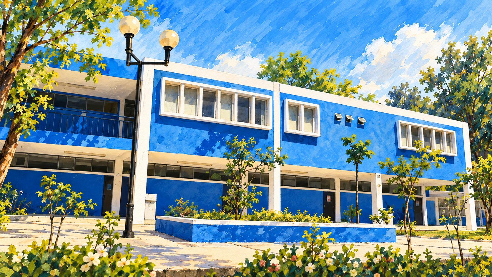 Ilustración en acuarela de Fachada azul y blanca de la Unidad Académica de Derecho, UAN.