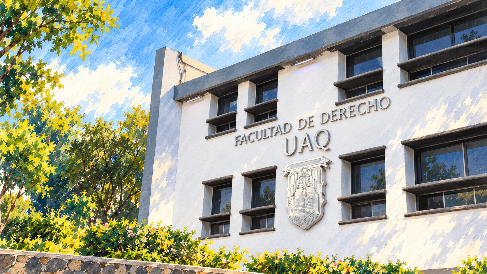 Ilustración en acuarela de Fachada blanca rotulada Facultad de Derecho UAQ, con escudo en relieve, UAQ.