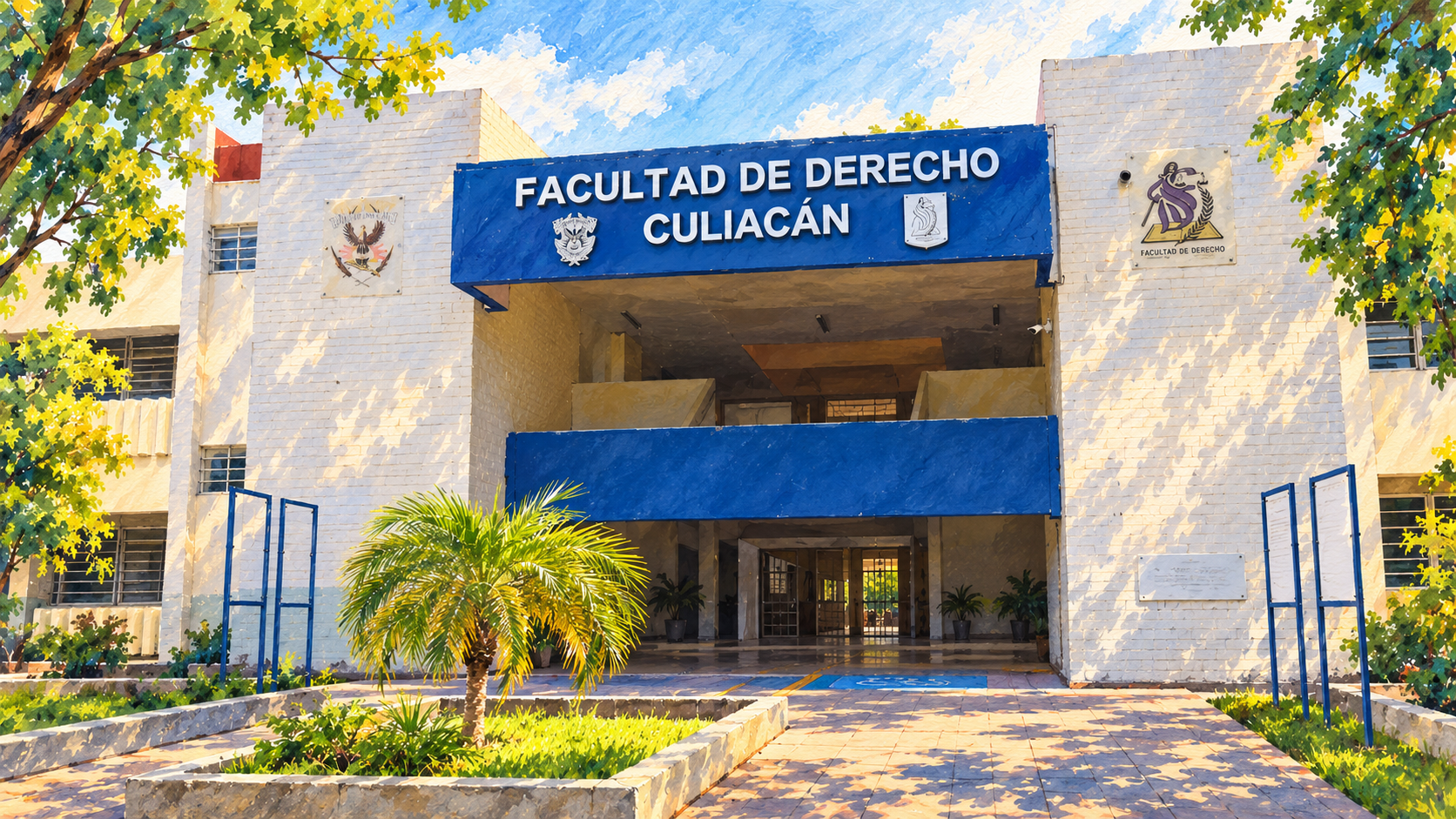Ilustración en acuarela de Acceso azul rotulado Facultad de Derecho Culiacán, UAS.