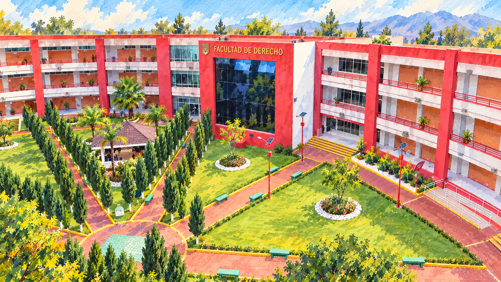 Ilustración en acuarela de Patio ajardinado y fachada roja y blanca de la Facultad, UATx.