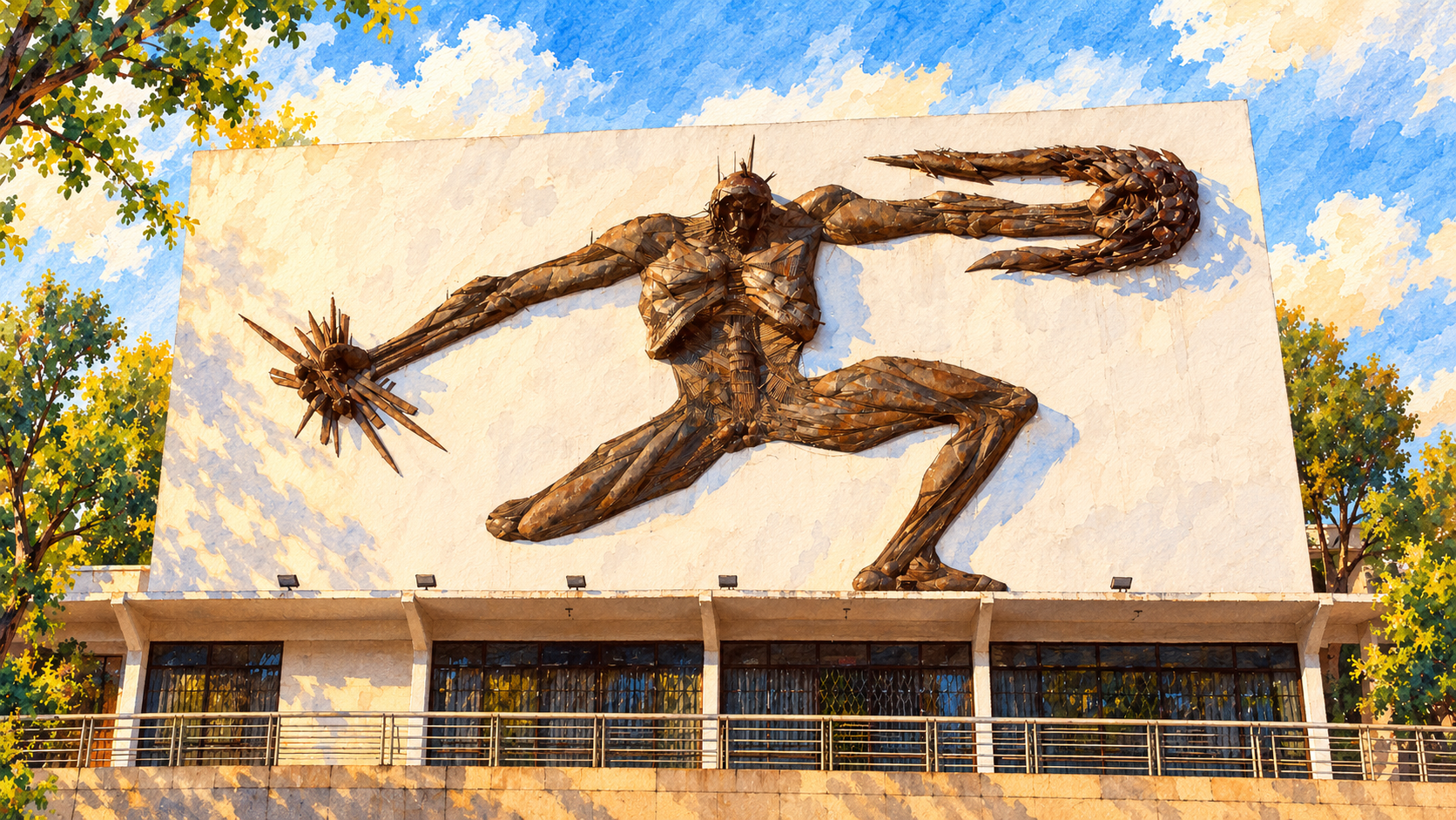 Ilustración en acuarela de Fachada con escultura El Prometeo de Ismael Guardado, UAZ.