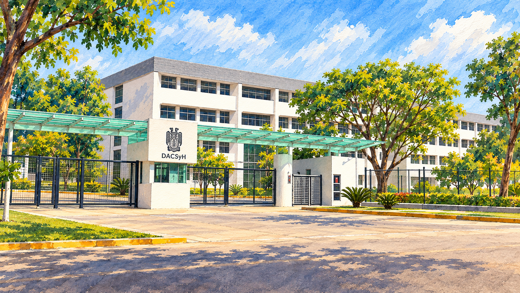 Ilustración en acuarela de Acceso principal rotulado de la DACSyH, Campus Bicentenario, UJAT.