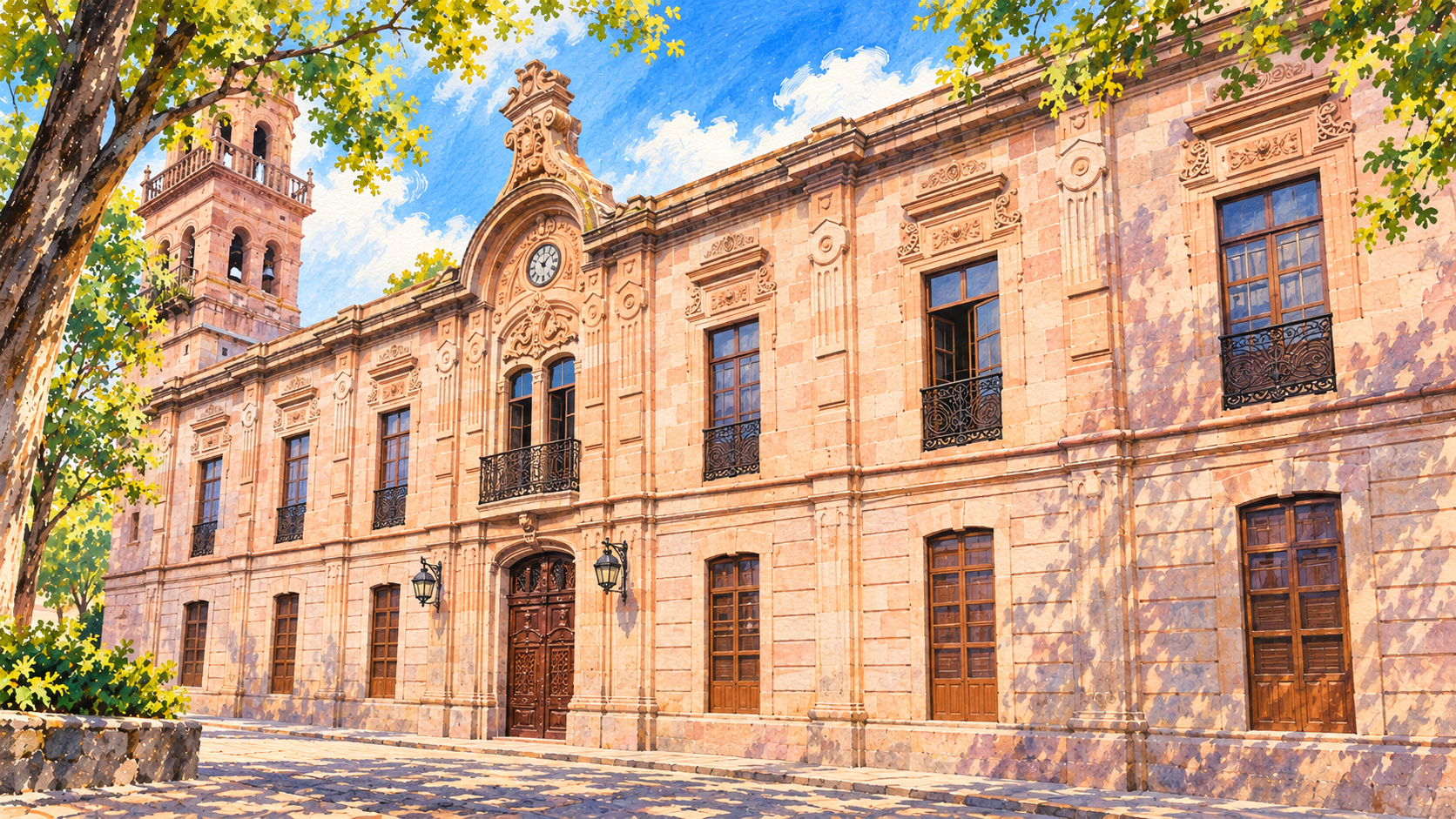Ilustración en acuarela de UMSNH Facultad de Derecho y Ciencias Sociales central building Tata Vasco Morelia.