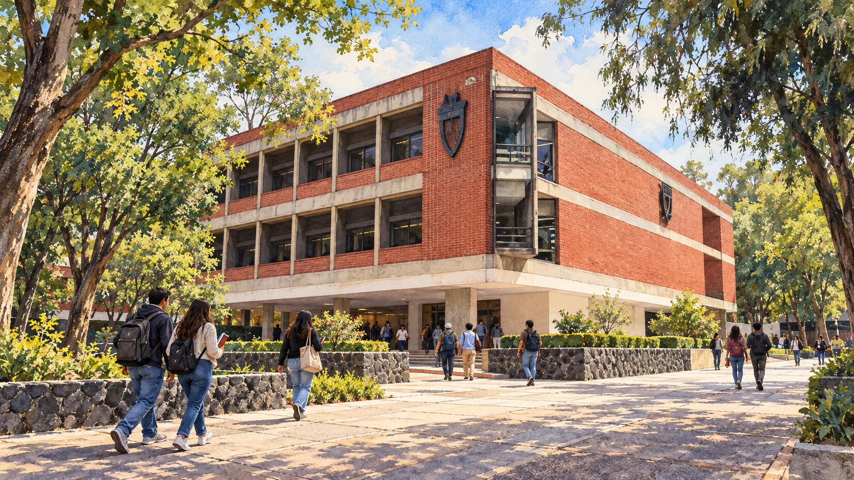 Ilustración de la entrada de ladrillo rojo y emblema de la Facultad de Derecho de la UNAM en CU, con estudiantes